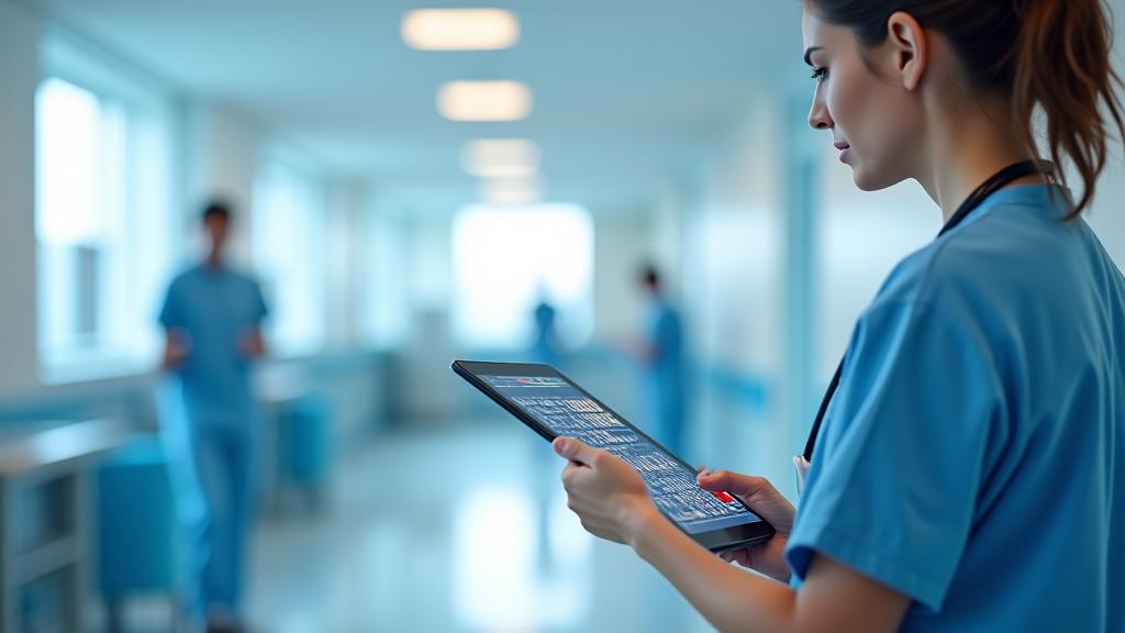 A doctor reviewing patient data on a tablet in a modern hospital setting