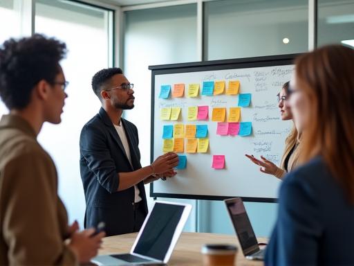 Team members in a strategic workshop with sticky notes on a whiteboard