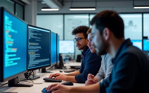 Developers collaborating on code for a custom application